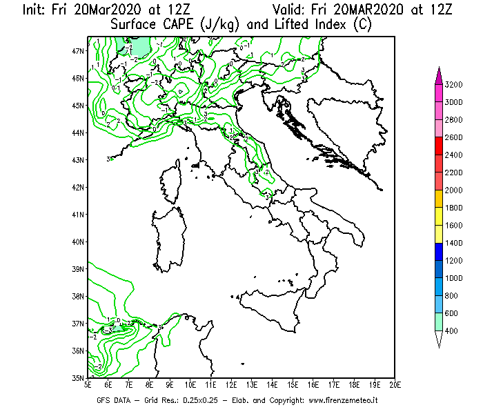 Mappa di analisi GFS - CAPE [J/kg] e Lifted Index [°C] in Italia
							del 20/03/2020 12 <!--googleoff: index-->UTC<!--googleon: index-->