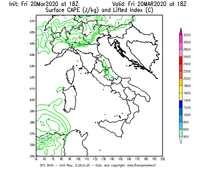 Mappa di analisi GFS - CAPE [J/kg] e Lifted Index [°C] in Italia
									del 20/03/2020 18 <!--googleoff: index-->UTC<!--googleon: index-->