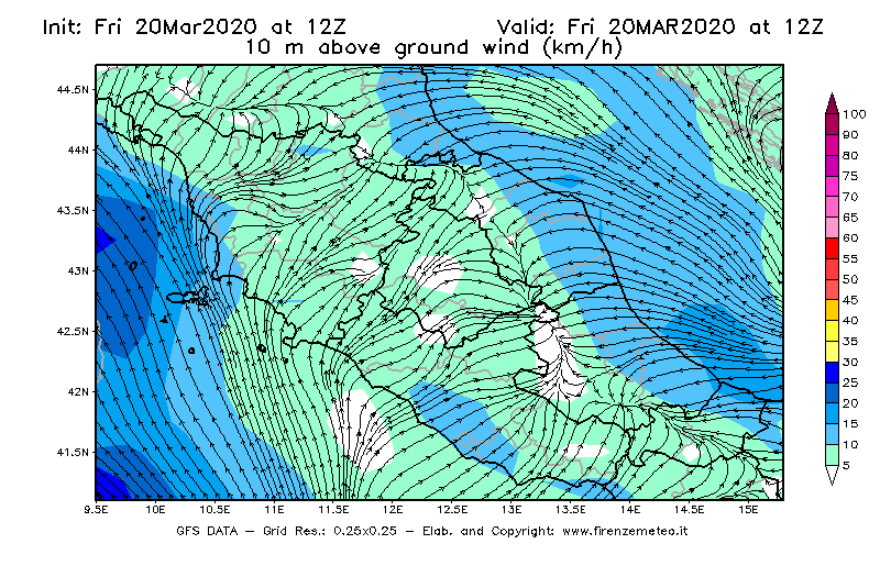 Mappa di analisi GFS - Velocità del vento a 10 metri dal suolo [km/h] in Centro-Italia
									del 20/03/2020 12 <!--googleoff: index-->UTC<!--googleon: index-->