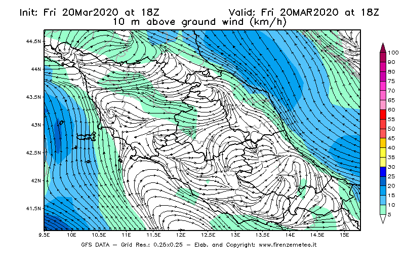 Mappa di analisi GFS - Velocità del vento a 10 metri dal suolo [km/h] in Centro-Italia
							del 20/03/2020 18 <!--googleoff: index-->UTC<!--googleon: index-->