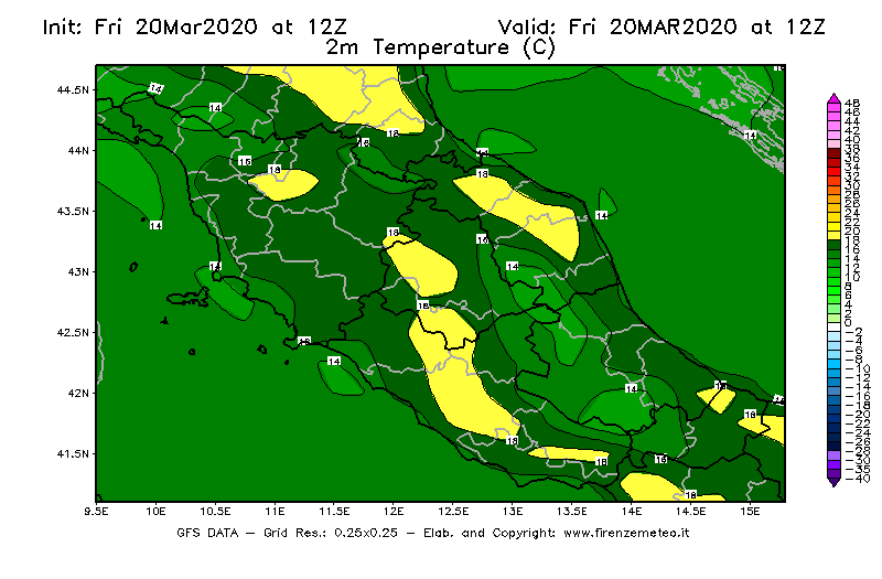 Mappa di analisi GFS - Temperatura a 2 metri dal suolo [°C] in Centro-Italia
							del 20/03/2020 12 <!--googleoff: index-->UTC<!--googleon: index-->