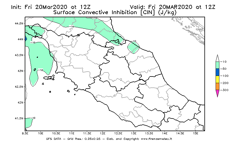 Mappa di analisi GFS - CIN [J/kg] in Centro-Italia
									del 20/03/2020 12 <!--googleoff: index-->UTC<!--googleon: index-->