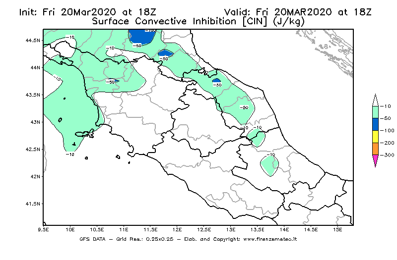 Mappa di analisi GFS - CIN [J/kg] in Centro-Italia
									del 20/03/2020 18 <!--googleoff: index-->UTC<!--googleon: index-->