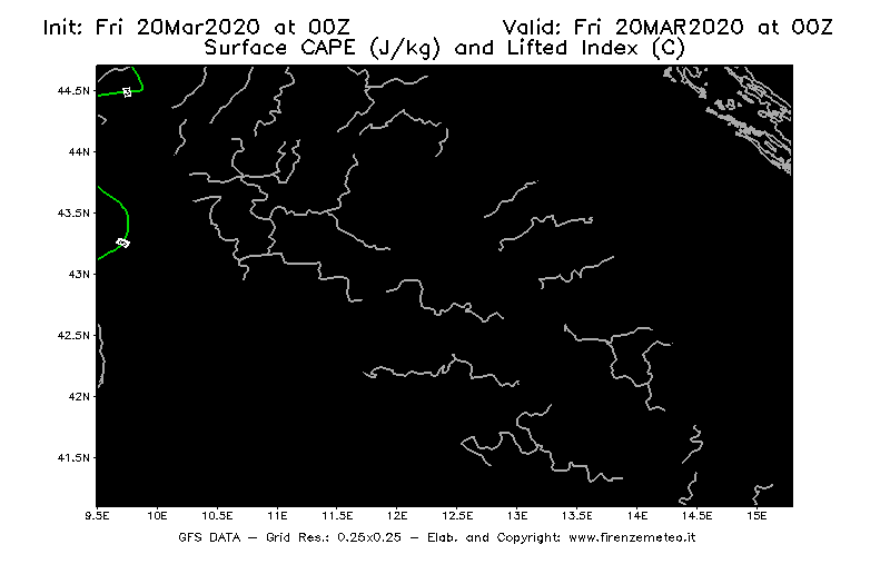 Mappa di analisi GFS - CAPE [J/kg] e Lifted Index [°C] in Centro-Italia
									del 20/03/2020 00 <!--googleoff: index-->UTC<!--googleon: index-->