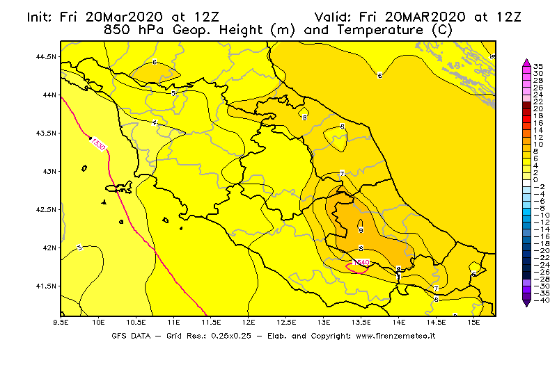 Mappa di analisi GFS - Geopotenziale [m] e Temperatura [°C] a 850 hPa in Centro-Italia
									del 20/03/2020 12 <!--googleoff: index-->UTC<!--googleon: index-->