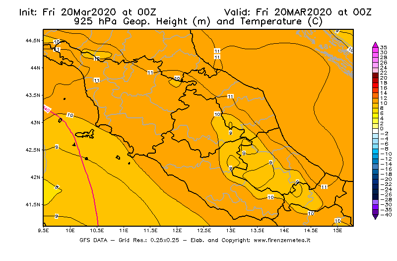 Mappa di analisi GFS - Geopotenziale [m] e Temperatura [°C] a 925 hPa in Centro-Italia
							del 20/03/2020 00 <!--googleoff: index-->UTC<!--googleon: index-->