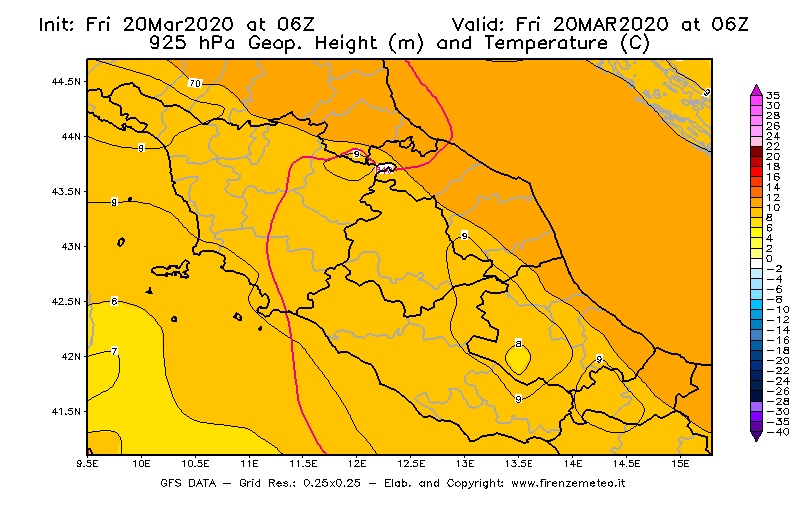 Mappa di analisi GFS - Geopotenziale [m] e Temperatura [°C] a 925 hPa in Centro-Italia
									del 20/03/2020 06 <!--googleoff: index-->UTC<!--googleon: index-->