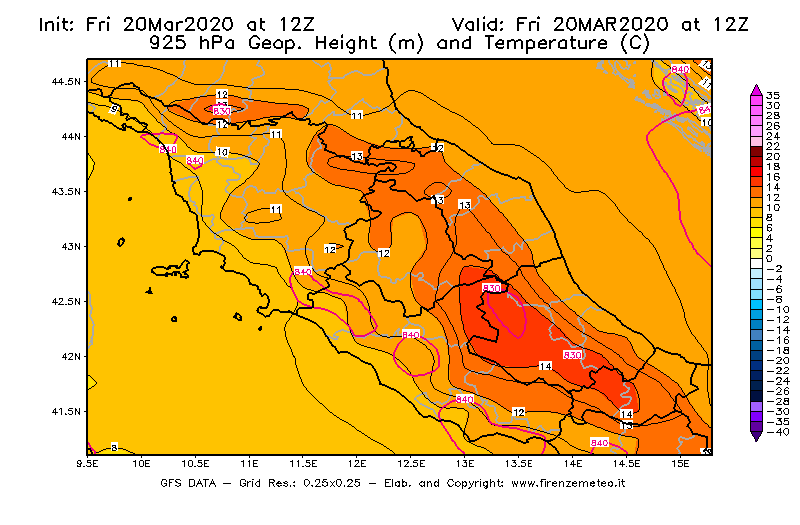 Mappa di analisi GFS - Geopotenziale [m] e Temperatura [°C] a 925 hPa in Centro-Italia
							del 20/03/2020 12 <!--googleoff: index-->UTC<!--googleon: index-->