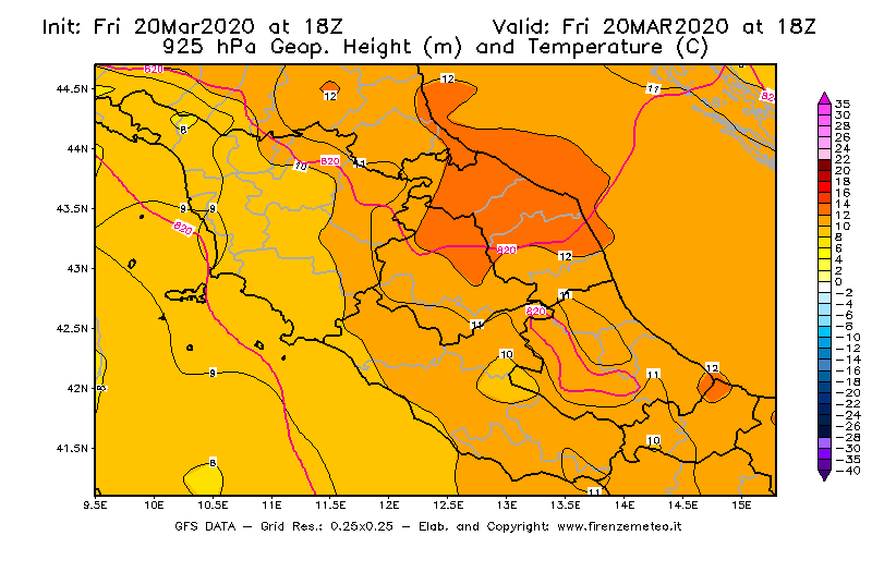 Mappa di analisi GFS - Geopotenziale [m] e Temperatura [°C] a 925 hPa in Centro-Italia
							del 20/03/2020 18 <!--googleoff: index-->UTC<!--googleon: index-->