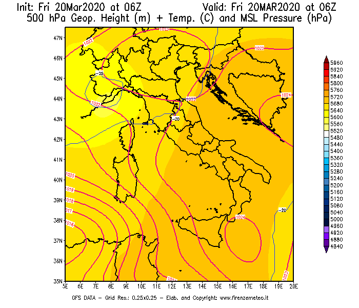 Mappa di analisi GFS - Geopotenziale [m] + Temp. [°C] a 500 hPa + Press. a livello del mare [hPa] in Italia
							del 20/03/2020 06 <!--googleoff: index-->UTC<!--googleon: index-->