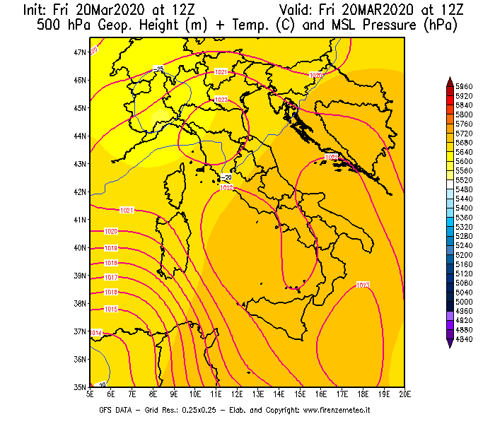 Mappa di analisi GFS - Geopotenziale [m] + Temp. [°C] a 500 hPa + Press. a livello del mare [hPa] in Italia
							del 20/03/2020 12 <!--googleoff: index-->UTC<!--googleon: index-->