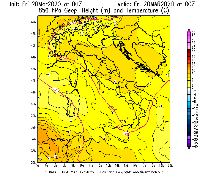 Mappa di analisi GFS - Geopotenziale [m] e Temperatura [°C] a 850 hPa in Italia
							del 20/03/2020 00 <!--googleoff: index-->UTC<!--googleon: index-->