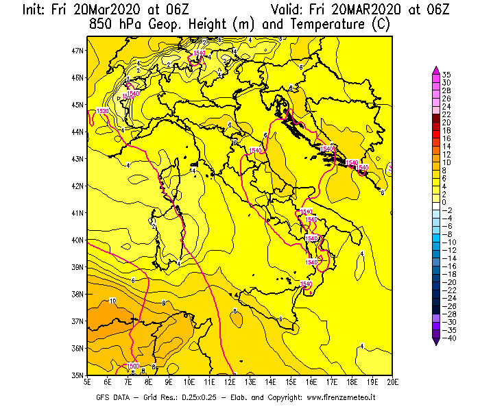 Mappa di analisi GFS - Geopotenziale [m] e Temperatura [°C] a 850 hPa in Italia
									del 20/03/2020 06 <!--googleoff: index-->UTC<!--googleon: index-->