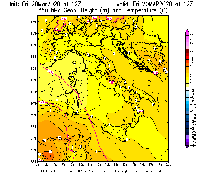 Mappa di analisi GFS - Geopotenziale [m] e Temperatura [°C] a 850 hPa in Italia
									del 20/03/2020 12 <!--googleoff: index-->UTC<!--googleon: index-->