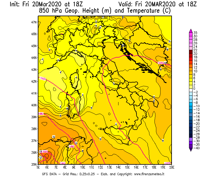 Mappa di analisi GFS - Geopotenziale [m] e Temperatura [°C] a 850 hPa in Italia
									del 20/03/2020 18 <!--googleoff: index-->UTC<!--googleon: index-->