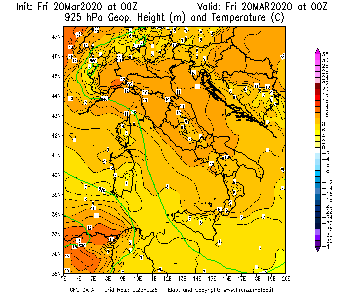 Mappa di analisi GFS - Geopotenziale [m] e Temperatura [°C] a 925 hPa in Italia
							del 20/03/2020 00 <!--googleoff: index-->UTC<!--googleon: index-->