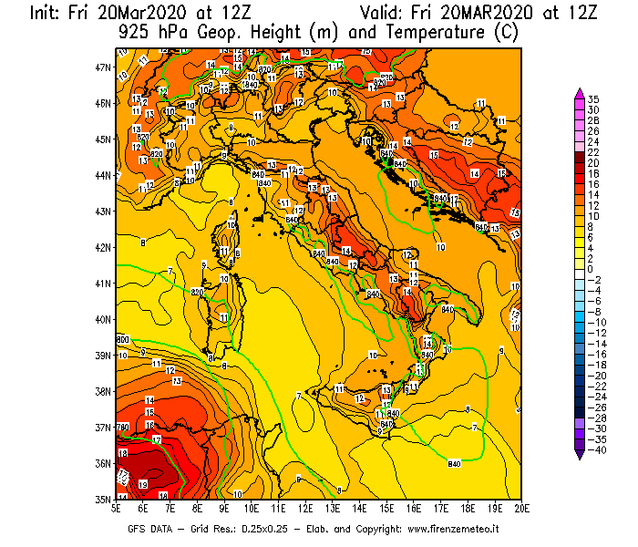 Mappa di analisi GFS - Geopotenziale [m] e Temperatura [°C] a 925 hPa in Italia
							del 20/03/2020 12 <!--googleoff: index-->UTC<!--googleon: index-->
