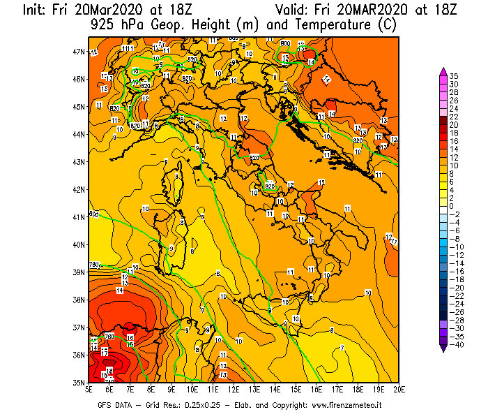 Mappa di analisi GFS - Geopotenziale [m] e Temperatura [°C] a 925 hPa in Italia
									del 20/03/2020 18 <!--googleoff: index-->UTC<!--googleon: index-->