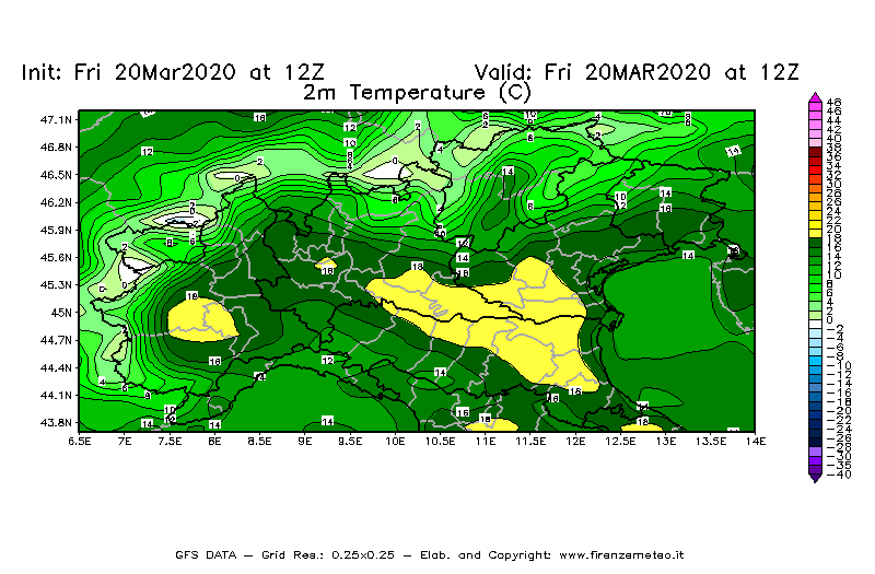 Mappa di analisi GFS - Temperatura a 2 metri dal suolo [°C] in Nord-Italia
							del 20/03/2020 12 <!--googleoff: index-->UTC<!--googleon: index-->