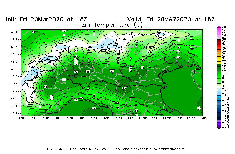 Mappa di analisi GFS - Temperatura a 2 metri dal suolo [°C] in Nord-Italia
							del 20/03/2020 18 <!--googleoff: index-->UTC<!--googleon: index-->
