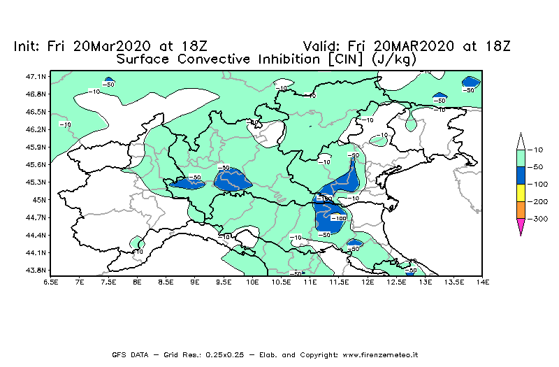 Mappa di analisi GFS - CIN [J/kg] in Nord-Italia
							del 20/03/2020 18 <!--googleoff: index-->UTC<!--googleon: index-->