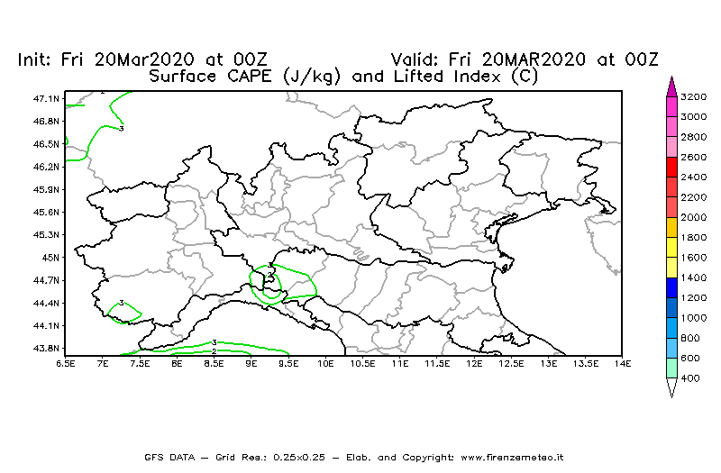 Mappa di analisi GFS - CAPE [J/kg] e Lifted Index [°C] in Nord-Italia
							del 20/03/2020 00 <!--googleoff: index-->UTC<!--googleon: index-->