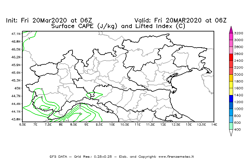 Mappa di analisi GFS - CAPE [J/kg] e Lifted Index [°C] in Nord-Italia
							del 20/03/2020 06 <!--googleoff: index-->UTC<!--googleon: index-->