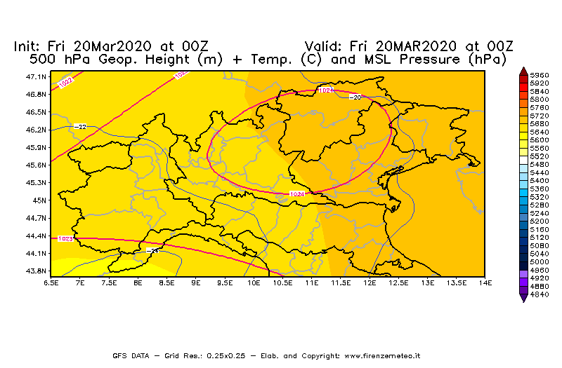 Mappa di analisi GFS - Geopotenziale [m] + Temp. [°C] a 500 hPa + Press. a livello del mare [hPa] in Nord-Italia
							del 20/03/2020 00 <!--googleoff: index-->UTC<!--googleon: index-->