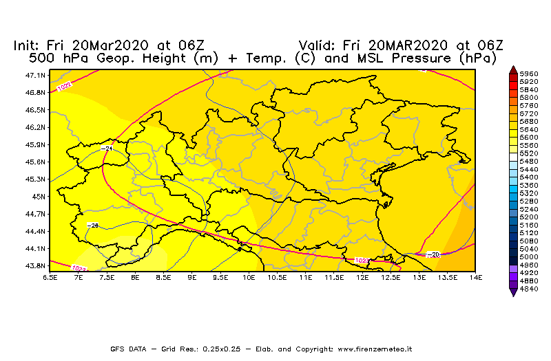 Mappa di analisi GFS - Geopotenziale [m] + Temp. [°C] a 500 hPa + Press. a livello del mare [hPa] in Nord-Italia
							del 20/03/2020 06 <!--googleoff: index-->UTC<!--googleon: index-->