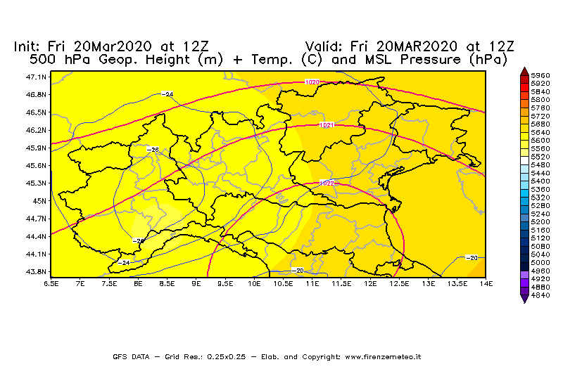 Mappa di analisi GFS - Geopotenziale [m] + Temp. [°C] a 500 hPa + Press. a livello del mare [hPa] in Nord-Italia
									del 20/03/2020 12 <!--googleoff: index-->UTC<!--googleon: index-->