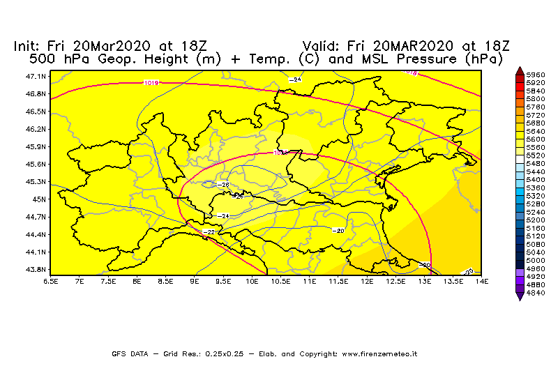 Mappa di analisi GFS - Geopotenziale [m] + Temp. [°C] a 500 hPa + Press. a livello del mare [hPa] in Nord-Italia
							del 20/03/2020 18 <!--googleoff: index-->UTC<!--googleon: index-->