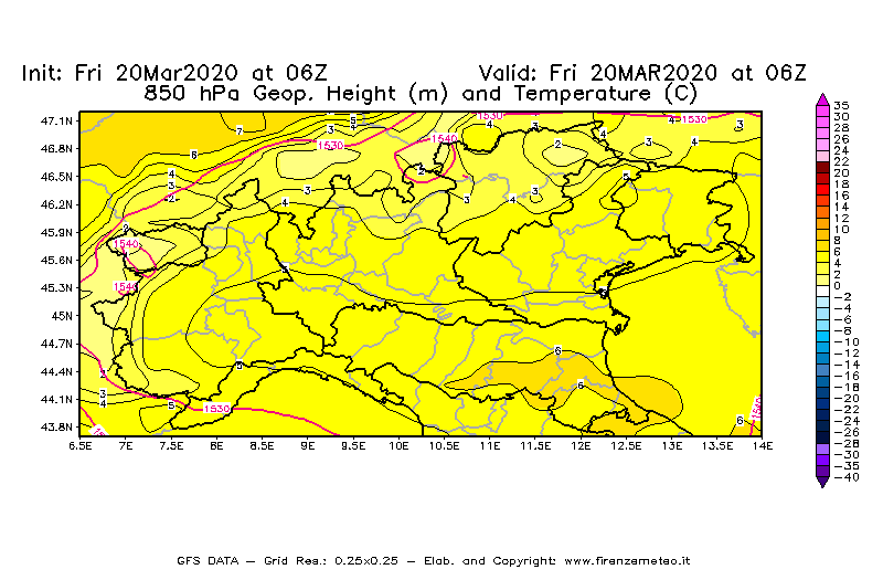 Mappa di analisi GFS - Geopotenziale [m] e Temperatura [°C] a 850 hPa in Nord-Italia
									del 20/03/2020 06 <!--googleoff: index-->UTC<!--googleon: index-->