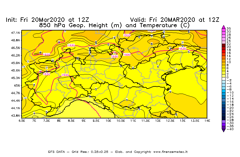 Mappa di analisi GFS - Geopotenziale [m] e Temperatura [°C] a 850 hPa in Nord-Italia
							del 20/03/2020 12 <!--googleoff: index-->UTC<!--googleon: index-->