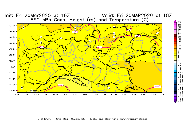 Mappa di analisi GFS - Geopotenziale [m] e Temperatura [°C] a 850 hPa in Nord-Italia
							del 20/03/2020 18 <!--googleoff: index-->UTC<!--googleon: index-->