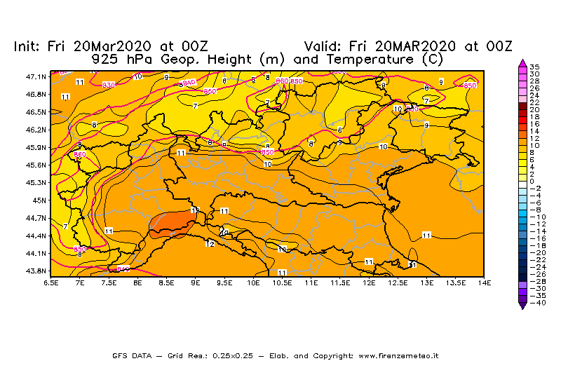 Mappa di analisi GFS - Geopotenziale [m] e Temperatura [°C] a 925 hPa in Nord-Italia
							del 20/03/2020 00 <!--googleoff: index-->UTC<!--googleon: index-->