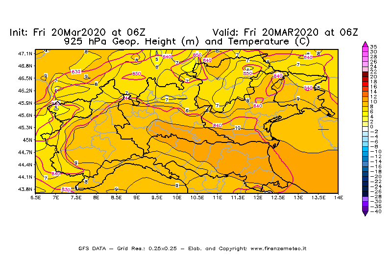 Mappa di analisi GFS - Geopotenziale [m] e Temperatura [°C] a 925 hPa in Nord-Italia
							del 20/03/2020 06 <!--googleoff: index-->UTC<!--googleon: index-->