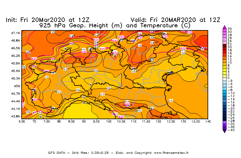 Mappa di analisi GFS - Geopotenziale [m] e Temperatura [°C] a 925 hPa in Nord-Italia
									del 20/03/2020 12 <!--googleoff: index-->UTC<!--googleon: index-->