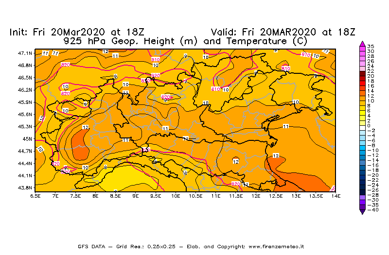 Mappa di analisi GFS - Geopotenziale [m] e Temperatura [°C] a 925 hPa in Nord-Italia
									del 20/03/2020 18 <!--googleoff: index-->UTC<!--googleon: index-->
