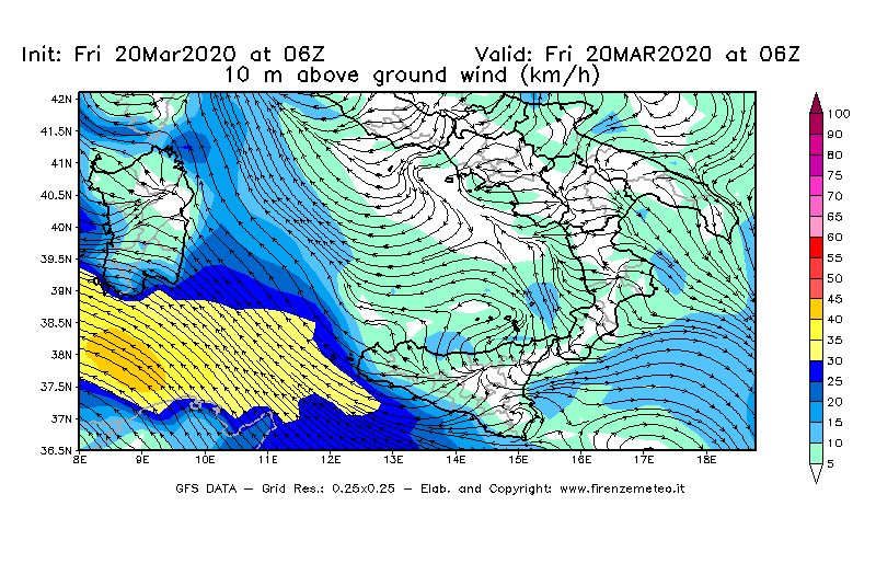 Mappa di analisi GFS - Velocità del vento a 10 metri dal suolo [km/h] in Sud-Italia
									del 20/03/2020 06 <!--googleoff: index-->UTC<!--googleon: index-->