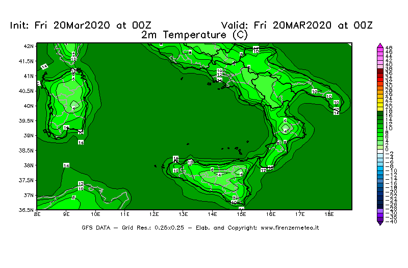 Mappa di analisi GFS - Temperatura a 2 metri dal suolo [°C] in Sud-Italia
									del 20/03/2020 00 <!--googleoff: index-->UTC<!--googleon: index-->