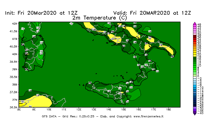 Mappa di analisi GFS - Temperatura a 2 metri dal suolo [°C] in Sud-Italia
									del 20/03/2020 12 <!--googleoff: index-->UTC<!--googleon: index-->