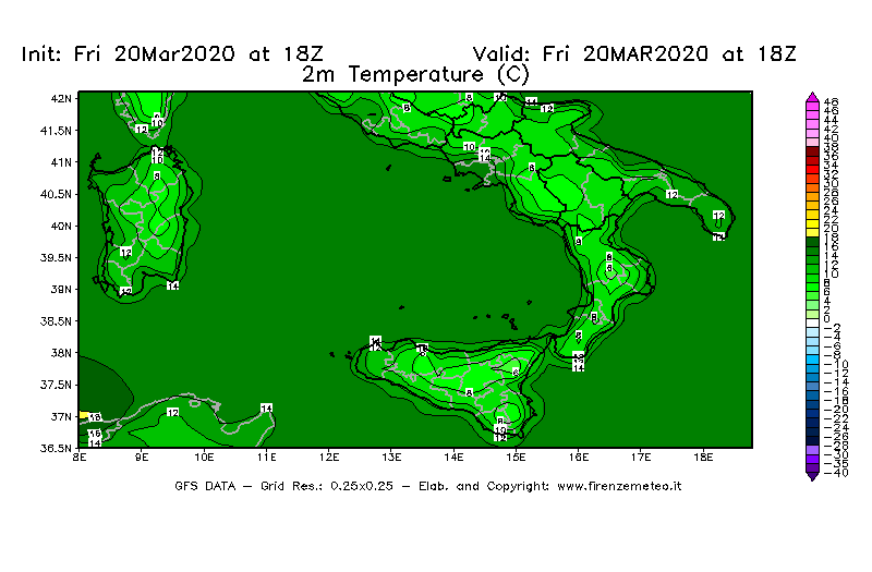 Mappa di analisi GFS - Temperatura a 2 metri dal suolo [°C] in Sud-Italia
							del 20/03/2020 18 <!--googleoff: index-->UTC<!--googleon: index-->