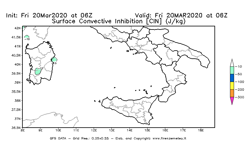Mappa di analisi GFS - CIN [J/kg] in Sud-Italia
									del 20/03/2020 06 <!--googleoff: index-->UTC<!--googleon: index-->