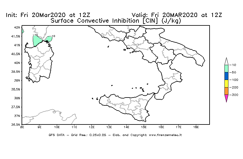 Mappa di analisi GFS - CIN [J/kg] in Sud-Italia
									del 20/03/2020 12 <!--googleoff: index-->UTC<!--googleon: index-->