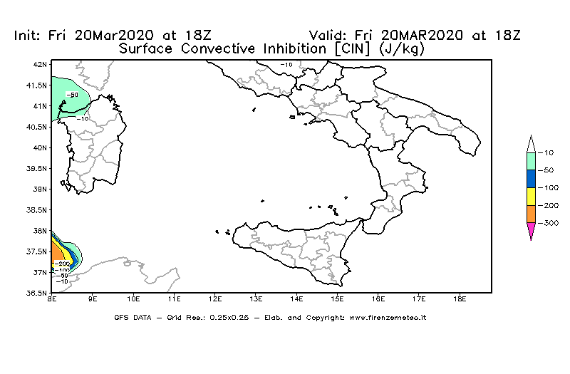 Mappa di analisi GFS - CIN [J/kg] in Sud-Italia
									del 20/03/2020 18 <!--googleoff: index-->UTC<!--googleon: index-->