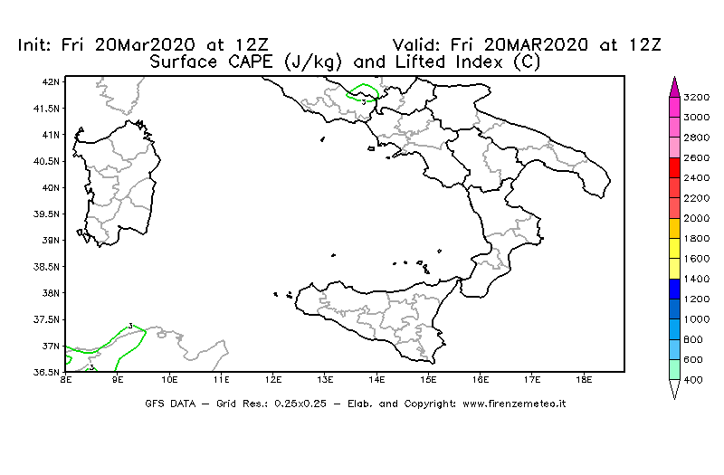 Mappa di analisi GFS - CAPE [J/kg] e Lifted Index [°C] in Sud-Italia
							del 20/03/2020 12 <!--googleoff: index-->UTC<!--googleon: index-->