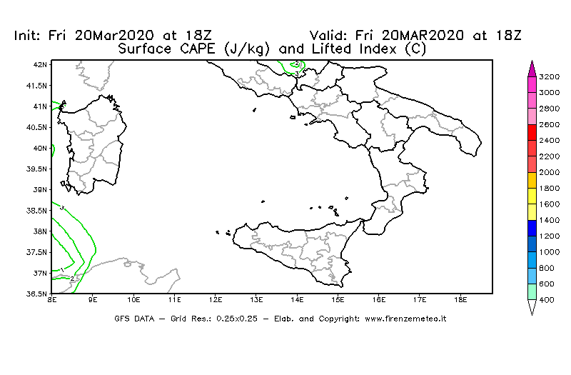 Mappa di analisi GFS - CAPE [J/kg] e Lifted Index [°C] in Sud-Italia
									del 20/03/2020 18 <!--googleoff: index-->UTC<!--googleon: index-->