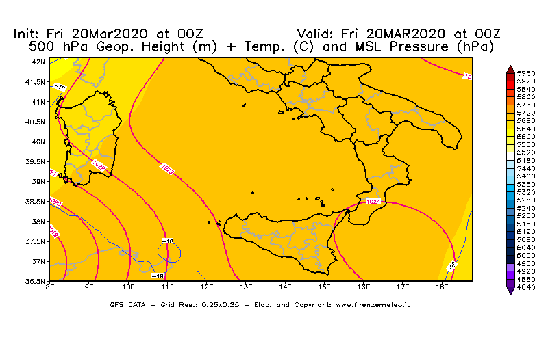 Mappa di analisi GFS - Geopotenziale [m] + Temp. [°C] a 500 hPa + Press. a livello del mare [hPa] in Sud-Italia
									del 20/03/2020 00 <!--googleoff: index-->UTC<!--googleon: index-->