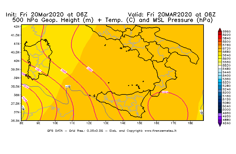 Mappa di analisi GFS - Geopotenziale [m] + Temp. [°C] a 500 hPa + Press. a livello del mare [hPa] in Sud-Italia
							del 20/03/2020 06 <!--googleoff: index-->UTC<!--googleon: index-->