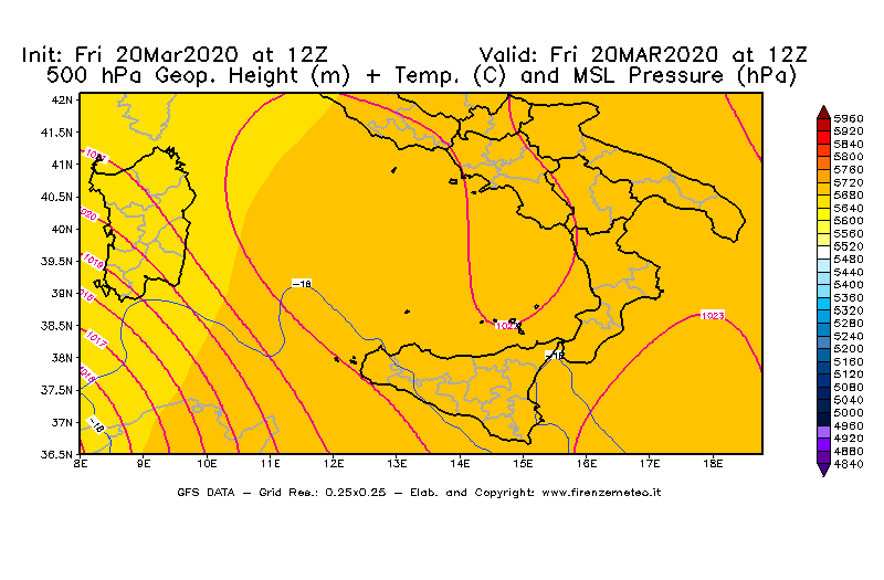 Mappa di analisi GFS - Geopotenziale [m] + Temp. [°C] a 500 hPa + Press. a livello del mare [hPa] in Sud-Italia
									del 20/03/2020 12 <!--googleoff: index-->UTC<!--googleon: index-->